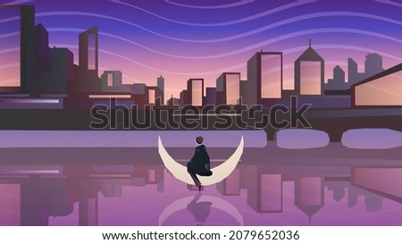 Boy sitting on the moon and looking at the cityscape. Vector illustration.