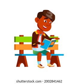 Boy Sitting On Park Bench And Reading Book Vector. Happiness Indian Schoolboy Read Interesting Book Outdoor In Nature. Character Leisure Time With Literature Flat Cartoon Illustration