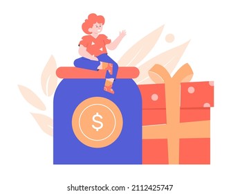 The boy is sitting on a piggy bank next to a box with a ribbon and a bow. Financial literacy and pocket money management. The child is saving up for a gift. Vector flat illustration.