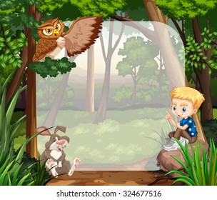 Boy sitting on rock in the jungle illustration
