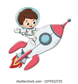 Boy sitting on a rocket flying through space
