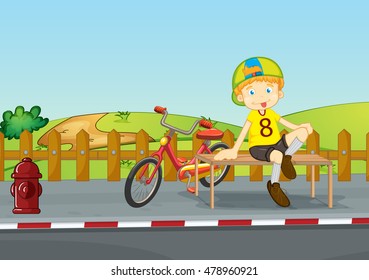 Boy sitting on sidewalk illustration
