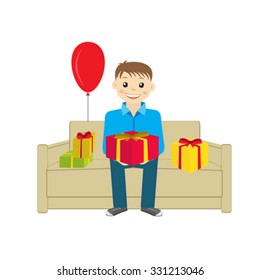 Boy sitting on the sofa with presents vector