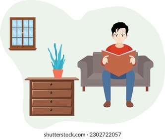 Boy sitting on sofa to read and relax with paper book at home vector illustration. Cartoon guy reading book. Lifestyle, youth concept
