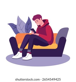 Muchacho sentado en el sofá Enfoque relajado en el teléfono