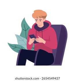 Boy Sitting on the Sofa Relaxed Focus on Phone