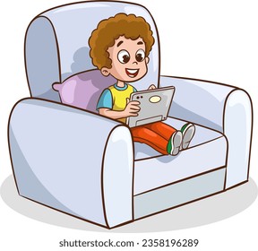 Boy sitting on the sofa and using a tablet computer. Vector illustration