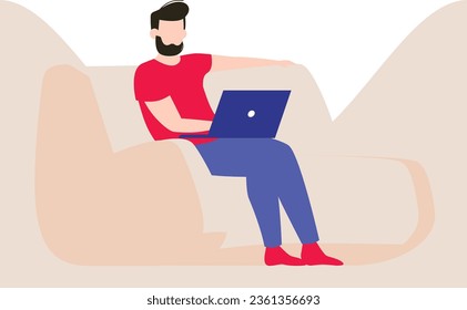 The boy is sitting on the sofa using a laptop.