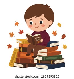Boy sitting on stack of books reading, cozy autumn kid character vector illustration