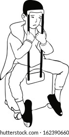 A boy is sitting on the suitcase.