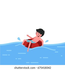 Boy sitting on swim ring, Relaxation in the summer, Vector illustration