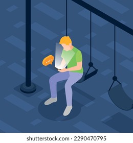 Niño sentado en columpio con smartphone en ilustración vectorial de fondo isométrico nocturno