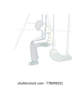 Boy sitting on the swing with sorrow and gloom hand drawn style vector doodle design illustrations.