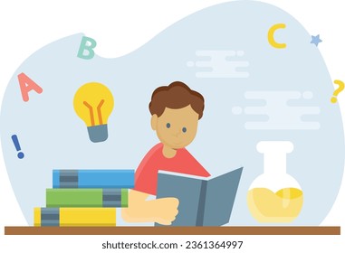 The boy sitting on a table and reading a book.
