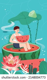 Boy sitting on top of watermelon and eating watermelon with lotus flowers and leaves in background, vector illustration