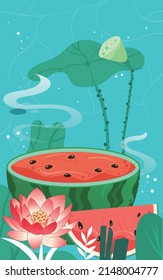 Boy sitting on top of watermelon and eating watermelon with lotus flowers and leaves in background, vector illustration