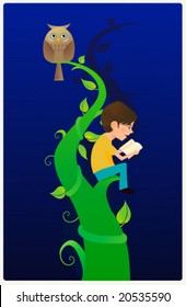 A boy sitting on a tree reading at night with a owl.