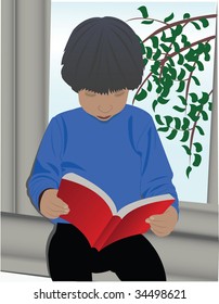 boy, sitting on the window and enthusiastically read a book