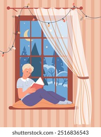 Boy sitting on windowsill and reading book. Teenager against window with winter landscape. Window decorated with Christmas garland, cozy holidays. Merry Christmas! Vector illustration.