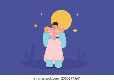 Boy sitting outdoors and reading a book under the night sky with stars and a full moon. Vector flat illustration