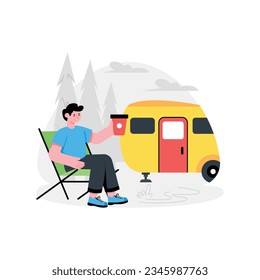 Vector de concepto abstracto de Boy Sitting Outside Camper Van en una ilustración de material de estilo plano