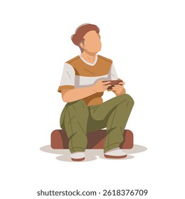 boy sitting and playing smart phone isolated illustration