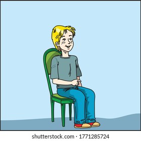 The boy is sitting properly on a chair