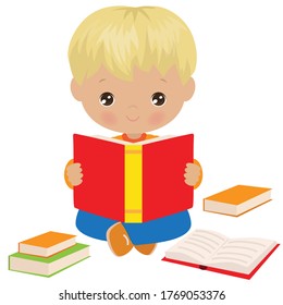 A boy sitting  and reading a book