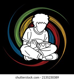 A Boy Sitting and Reading Book Child Learning Cartoon Graphic Vector