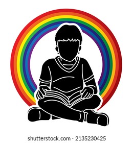 A Boy Sitting and Reading Book Child Learning Cartoon Graphic Vector