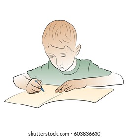 The boy is sitting and reading a book. Colored Vector illustration.