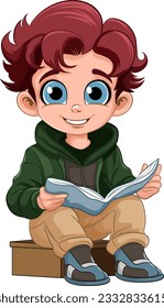 Boy sitting and reading the book illustration