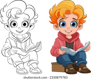 Niño sentado y leyendo el libro y su ilustración de contorno