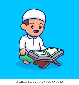 Boy Sitting And Reading Quran Cartoon Vector Icon Illustration People Relgion Icon Concept Isolated Premium Vector. Flat Cartoon Style