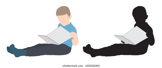 Boy sitting reclining and reading a book, silhouette. Vector illustration