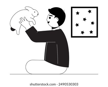 Boy sitting relaxed and lifting white rabbit, kid and pet vector illustration.