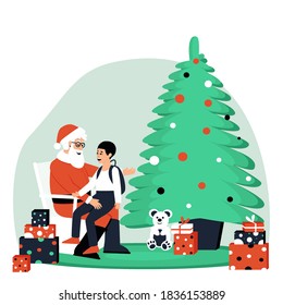 Boy sitting in Santa Claus's arms. Happy boy visiting Santa Claus. Santa sits near a dressed up fir tree and gifts. Flat vector illustration.