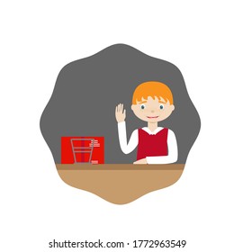 Niño sentado en el escritorio del colegio con fondo azul. Diseño de ilustración de vector plano.