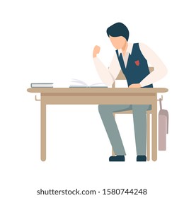 Boy Sitting At School Desk Ready to Fight with Someone During Lesson Vector Illustration