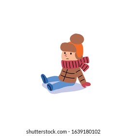 Boy sitting in the snow. Retro fashion. Cute character fell slips 