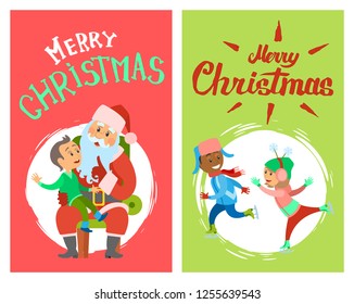 Boy sitting and speaking with Santa Claus. Smiling adults skating in hot hat and jacket with trousers. Merry Christmas greeting paper card vector