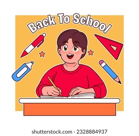 Los chicos están sentados estudiando en la escuela, de vuelta a la escuela