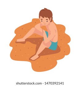 Boy Sitting and Sunbathing on Sandy Beach Vector Illustration