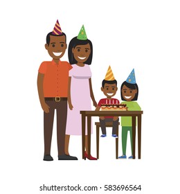 Boy sitting at table with birthday decorated cake with candles and elder girls stands near. Mother and father congratulate their son. Vector of smiling family celebrating Birthday in festive caps