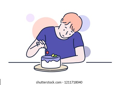 Un niño está sentado en una mesa y comiendo una torta. ilustraciones de diseño vectorial de estilo dibujado a mano.