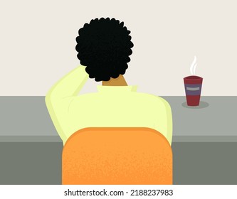 Boy sitting at the table. Rear view of student, pupil or business man. Vector illustration