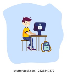 A boy sitting at a table using a computer. The computer screen shows a closed white padlock icon symbolizing online safety. Digital safety, online learning and children's interaction with technology.