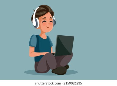 
Boy Sitting and Typing on her Laptop Vector Cartoon Illustration. Teenager using his personal computer for e-learning and leisure activities
