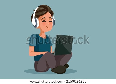 
Boy Sitting and Typing on her Laptop Vector Cartoon Illustration. Teenager using his personal computer for e-learning and leisure activities
