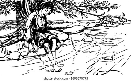 A boy sitting under tree and kept both legs in the water, vintage line drawing or engraving illustration
